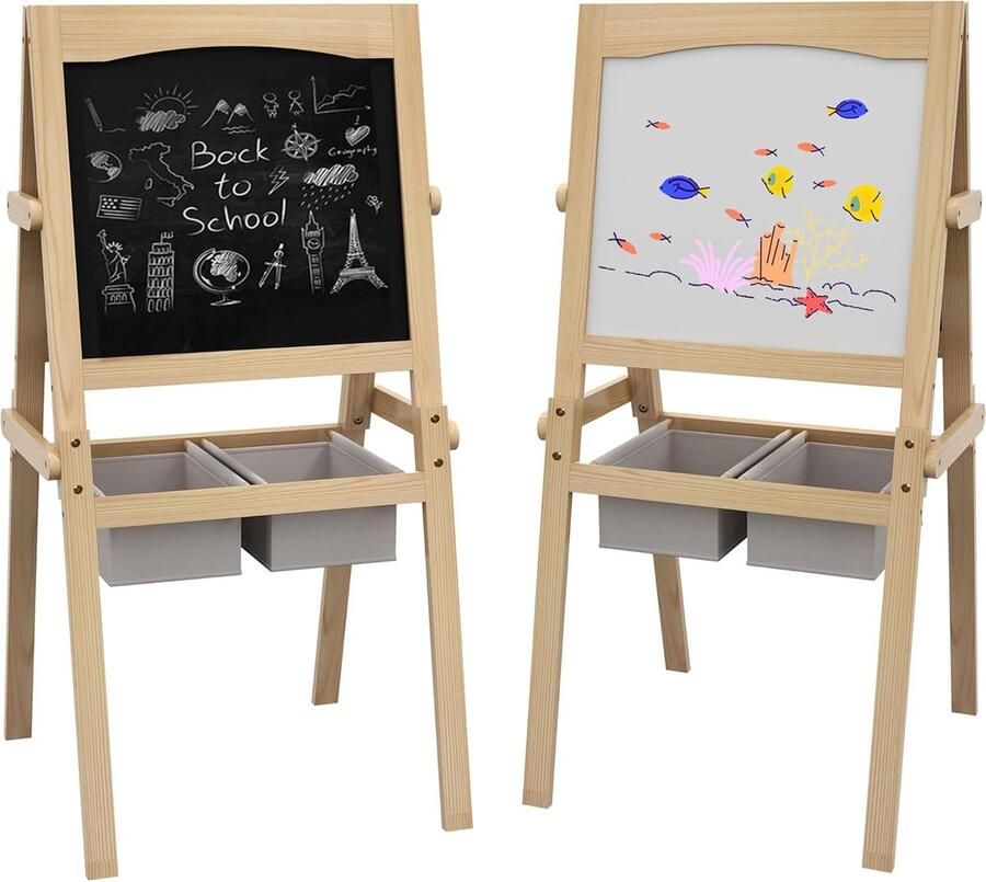 Ezel voor kinderen dubbelzijdig krijtbord papierrol + 2 geïntegreerde opbergmanden massief natuurlijk grenenhout