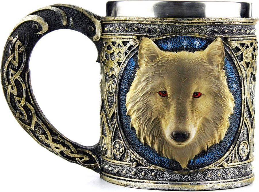 Ezeso Wolf mok voor thee wijn wolf mok bier wolf reisbeker roestvrij staal beker draak roestvrij staal en hars roestvrij staal kunsthars wolvenbeker (440 ml)