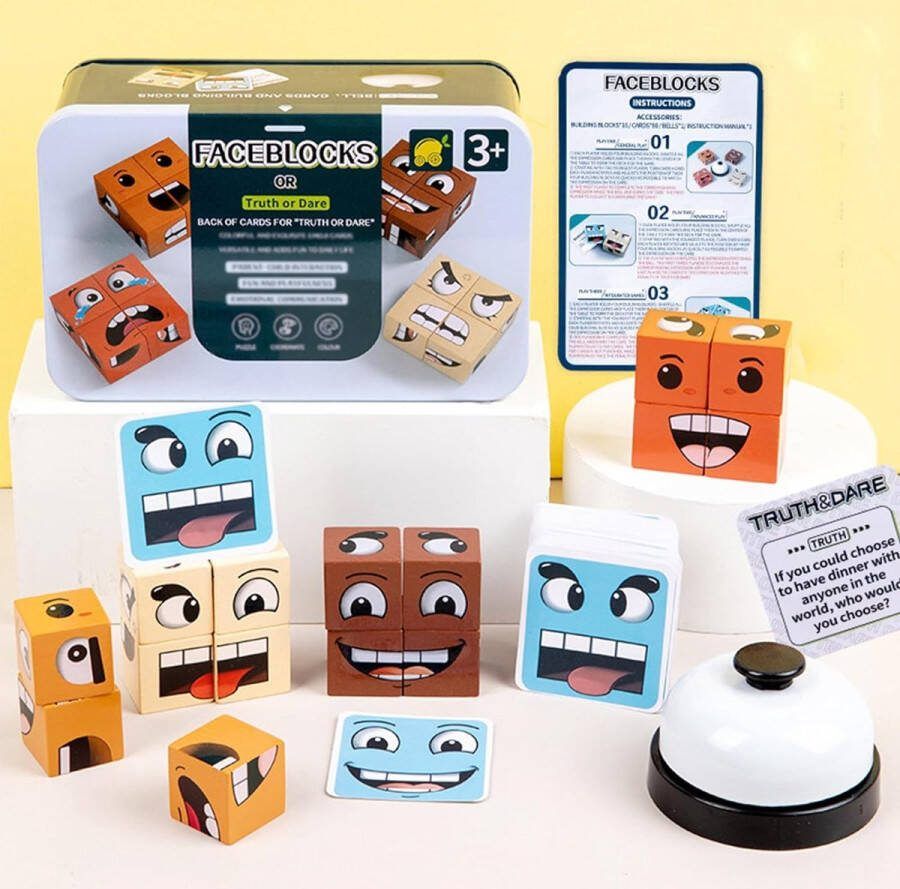 Faceblocks Or Truth or Dare Gezichtsverandering Kubusspel Houten Gezichtblokken Educatief Spel Met Bel Mini-Expressiepuzzel Bouwstenen Spel Puzzel Kinderen Speelgoed Voor Kinderen en Volwassenen Gezelschapsspel Actiespel