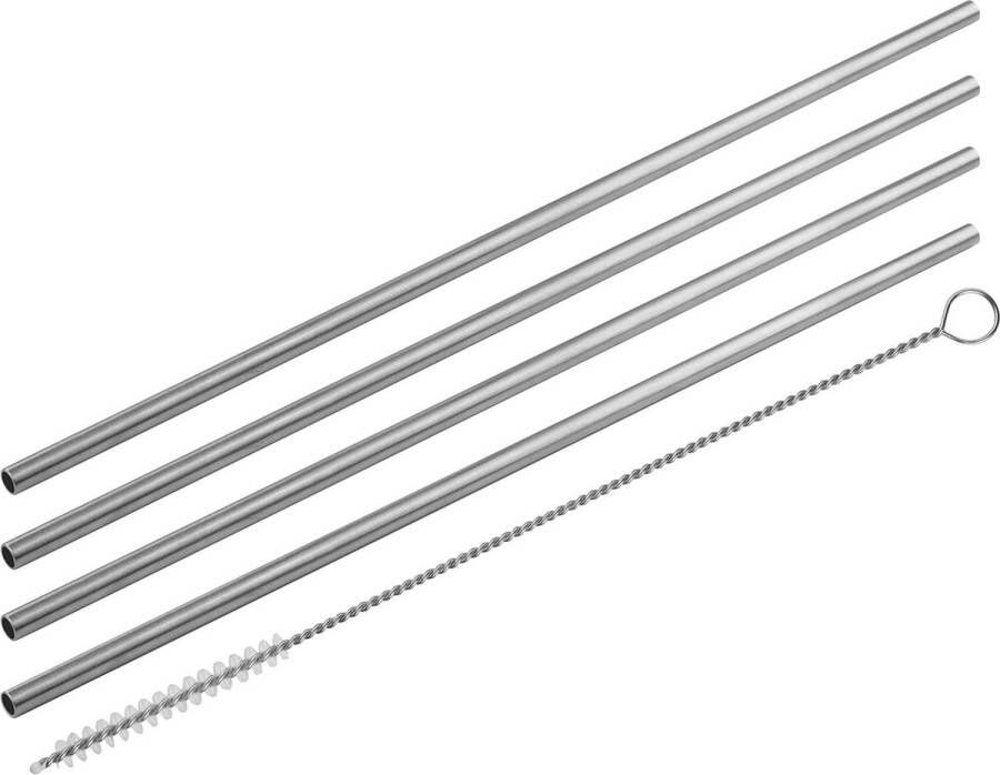 Fackelmann Set van 4 roestvrijstalen rietjes met schoonmaakborstel 24 cm