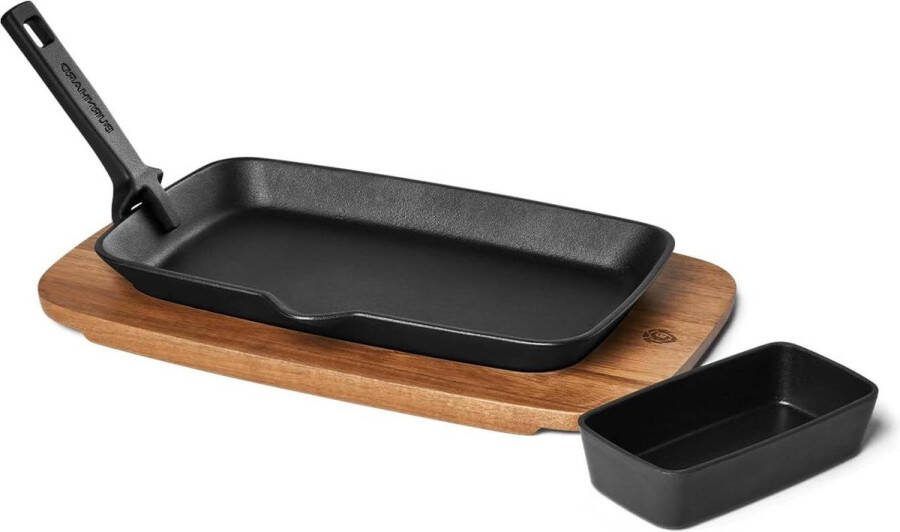 Fajita Pan Acaciahout Serveerplank & Dipschaal Gietijzeren Grillpan 288 x 175 x 3 cm met Handgreep