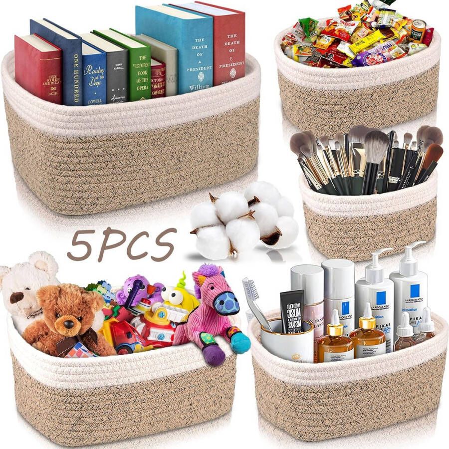FAMKEEP 5-delige opbergmanden van katoenen touw set opbergdozen kleine manden voor organisatie en opslag voor slaapkamer badkamer keuken kast speelgoed make-up