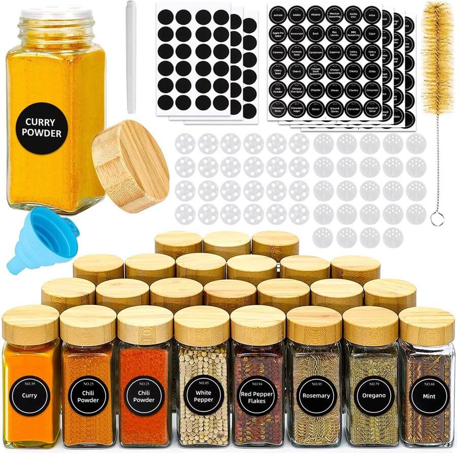 FAMKEEP kruidenpotjes van glas en hout 24 stuks 120ml kruidenpotjes set kruidenpotjes set voor keukenopslag met kruidenlabels shaker trechter borstel