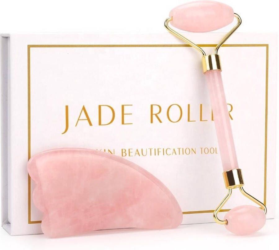 Fancylifestyle Jade Roller + Gua Sha Schraper Gezichtsmassageroller Face Roller Rose Jade Roller Inclusief Luxe Beschermdoos