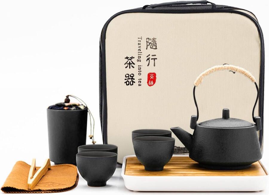 Fanquare Japanse reistheeservies zwarte porseleinen theesets met theepot mini-Chinese theeservies voor volwassenen cadeaus voor mannen