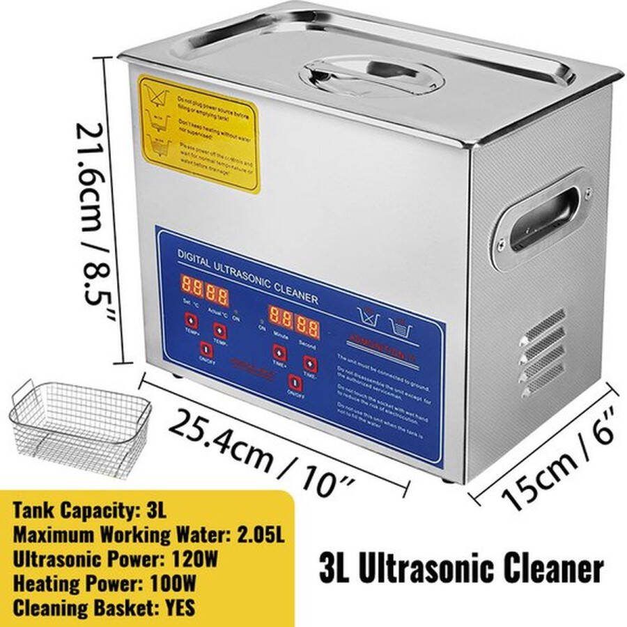 Fayb Ultrasoon reiniger Reinigingsmachine Ultrasone reiniger 3L Voor brillen sieraden onderdelen gereedschap servies en meer inclusief reinigingsmand 120W 40Khz Reinigingsinhoud Tankgrootte 24x13 5x10cm
