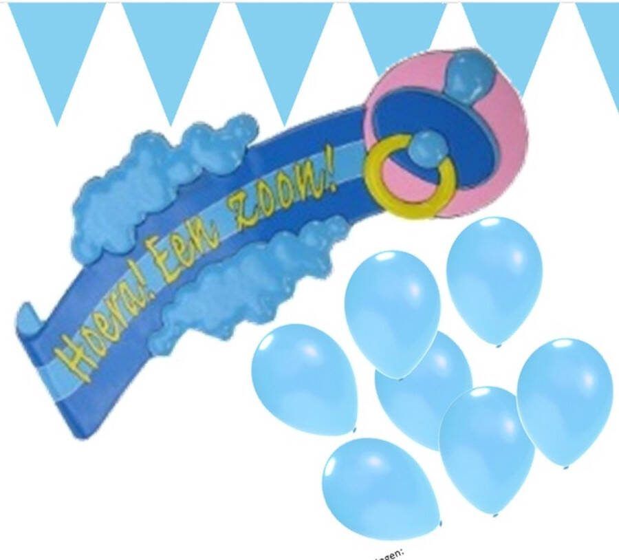 Feestpakket geboorte jongen wanddecoratie vlaggenlijn 25 ballonnen