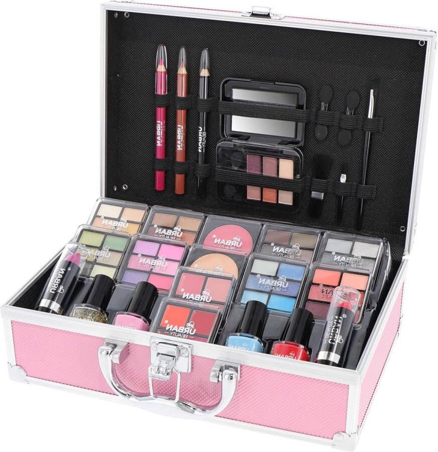 Felroze Veganistische Make-up Ijdelheidskoffer 82-delige Set voor Tieners en Vrouwen Oogschaduw Blusher Lippenstiften Nagelen make up koffer meisje