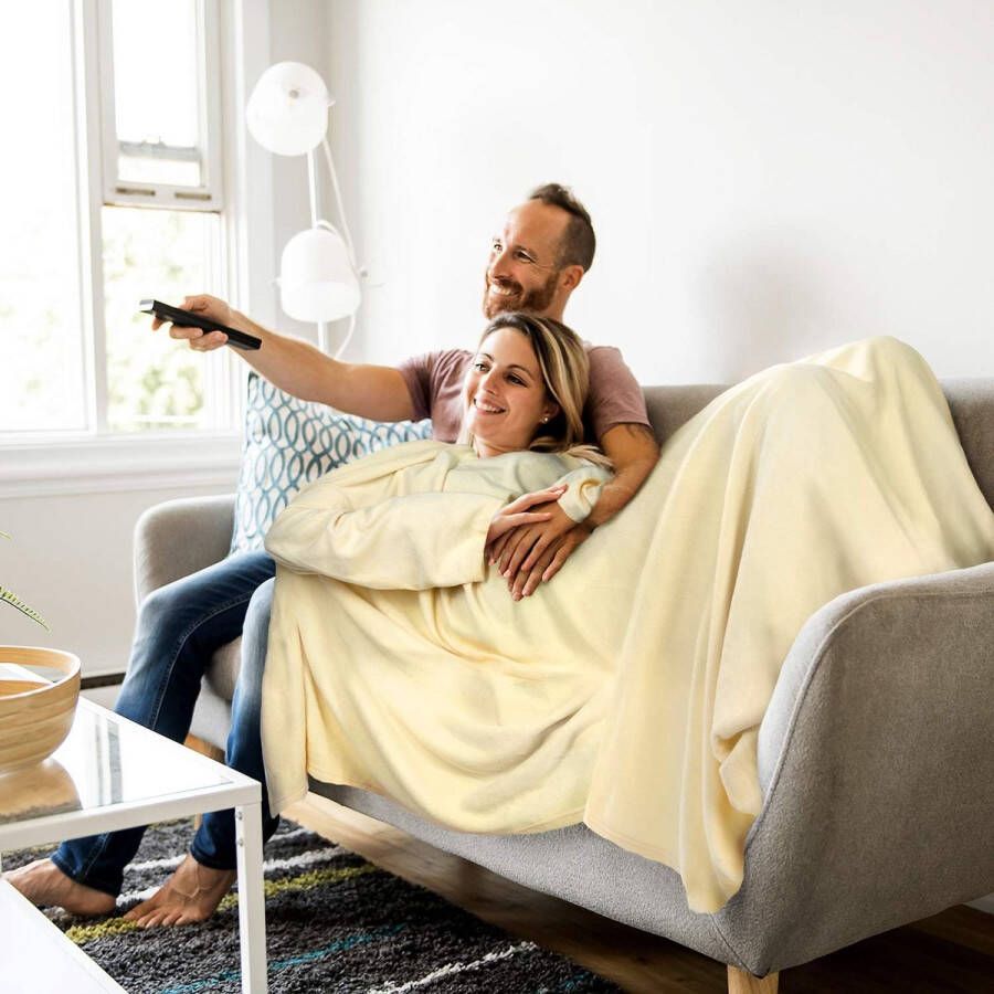 Feluna Knuffeldeken met mouwen sprei tv-deken behaaglijke fleecedeken 190 x 140 cm nooit meer koude armen lounge-deken voor mannen en vrouwen (vanille