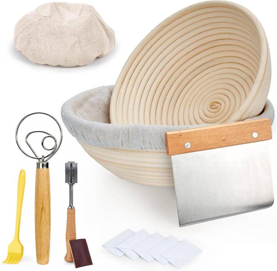 Fermentatie mand voor brood set van 2 23 cm en 25 cm rond rijsmandje van riet voor huisbakkers met deeg garde bakkersmes 2 linnen doeken deegschraper borstel 5 messen