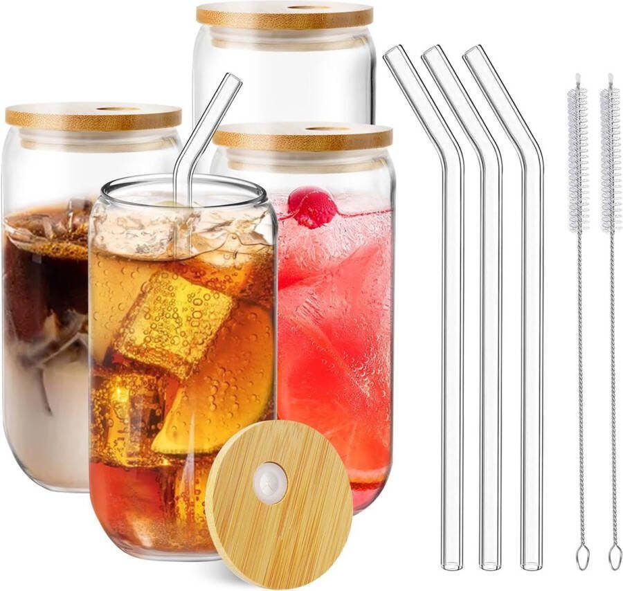 Fidapix Drinking Glasses with Lid and Straw Pack of 4 500 ml Cocktail Glasses Iced Coffee Glasses Cocktail Glasses Long Drink Glasses Beer Glass Cups Ideal for Smoothie Latte Macchiato