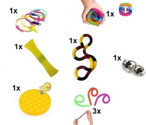 Fidget Toys Pakket Set met 9 verschillende Fidget Toys: Fidget Zippers Rits mesh marble Pop It Fidget Flippy Chain Monkey Noodles Snapperz Rainbow