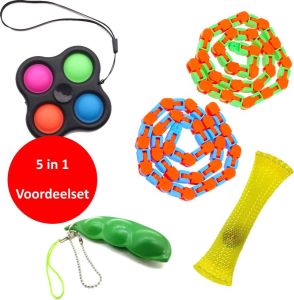 Fidget Voordeelset bestaande uit 2x Wacky Tracks 1 x Simple Dimple Spinner 1 x Pea popper en 1 x Mesh and marble fidget toy fidget toys pakket onder de 18 euro