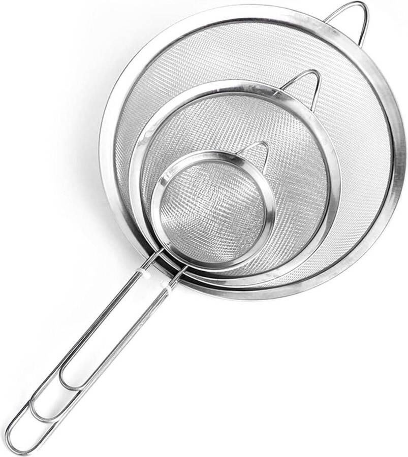 Fijne netzeef 3-delige roestvrijstalen zeef met handvat voor levensmiddelen pasta en groenten 7 12 18 cm Vergiet