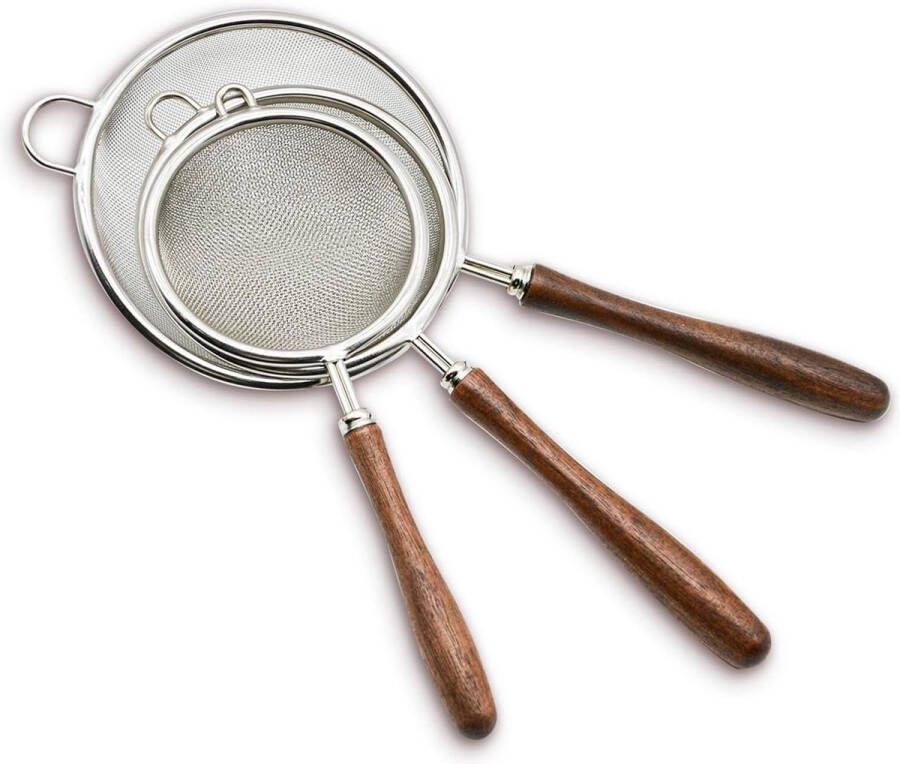 Fijne zeef set 3 stuks draadzeef van roestvrij staal houten handvat fijnmazig quinoa pasta meel rijst bakken koken 7 8 10 cm