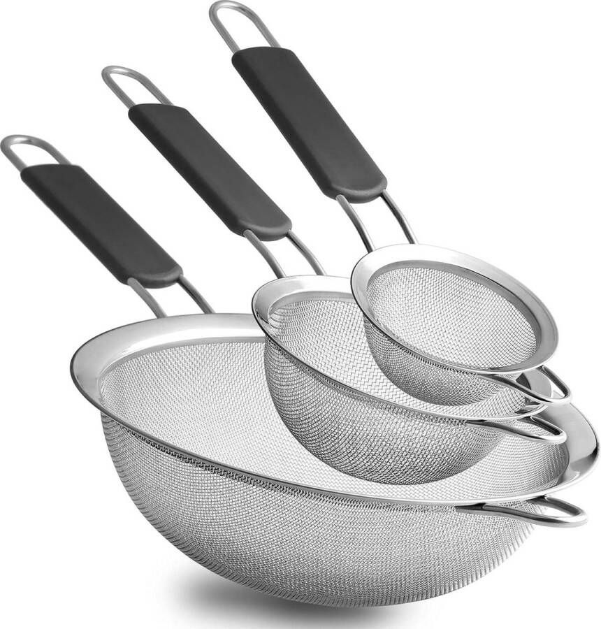 Fijnmazige zeefjes set van 3 maten zwart geïsoleerde handgreep bakgereedschap keuken draadzeef voedselbereiding bloemzeef Vergiet