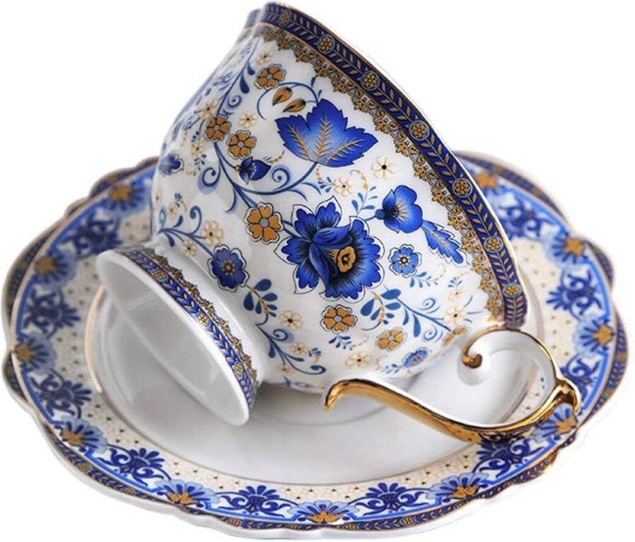 Fine Bone China Koffiekop en Schotel Set Blauwe Bloemen Vintage Porseleinen Theekop 200ml theezak schotel