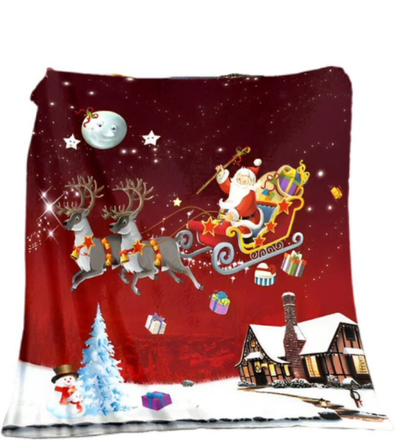 Fleece kerstdeken kerstplaid Kerstman op de slee met rendieren 130 x 150cm