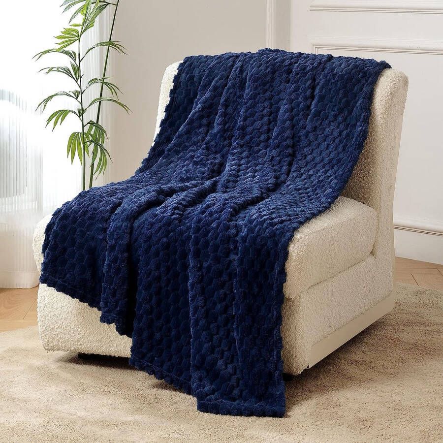 Fleece knuffeldeken extra zachte pluizige dekens lichte gezellige microvezel bankdeken wollen deken voor kantoor stoel en camping 130 x 150 cm marineblauw