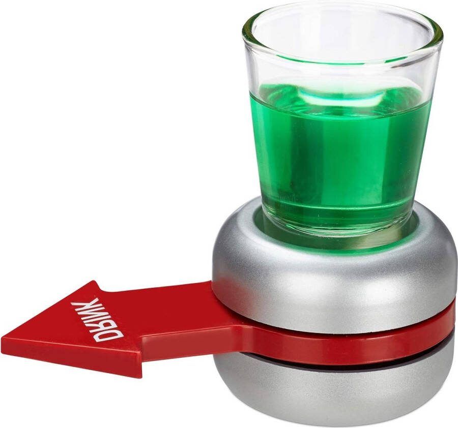Flesje draaien drinkspel met 2 cl shotglaasje Feestspel rood pijltje Spin the bottle Grijs