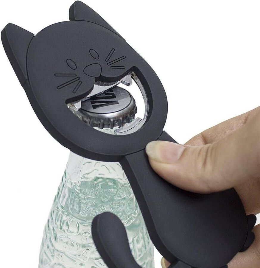 Flesopener Katy Kleur Grijs in de vorm van een Kat Magnetisch Gemaakt van PVC Metaal