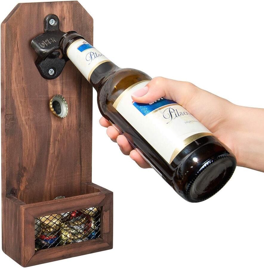 Flesopener voor aan de muur flesopener met kroonkurk-opvangbak hout voor wandmontage (cadeau voor mannen flesopener met container verzamelbak)