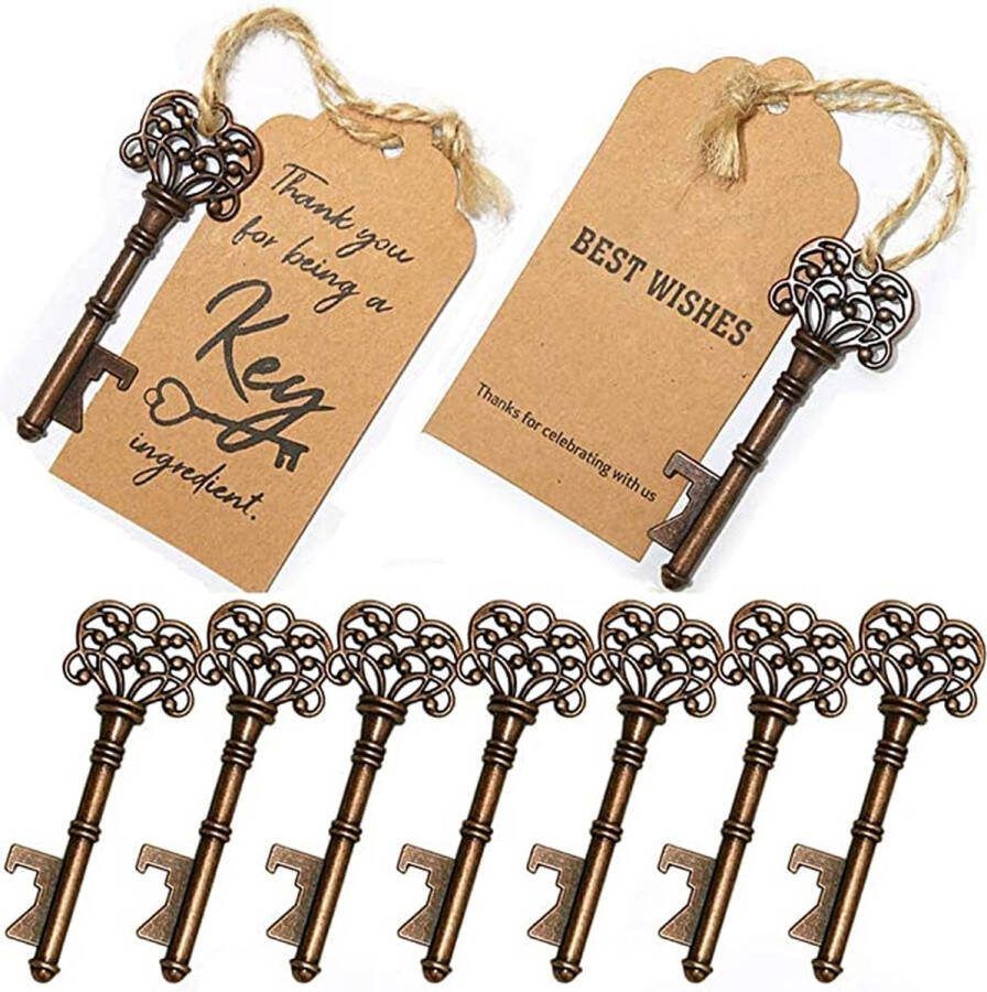 Pockinity Flesopener voor bruiloft 50x Stuks 8 cm Souvenirs Vintage Bier Opener Sleutelhanger met Kartonnen Sleutel flesopener huwelijk Bieropener sleutelhanger Bruin