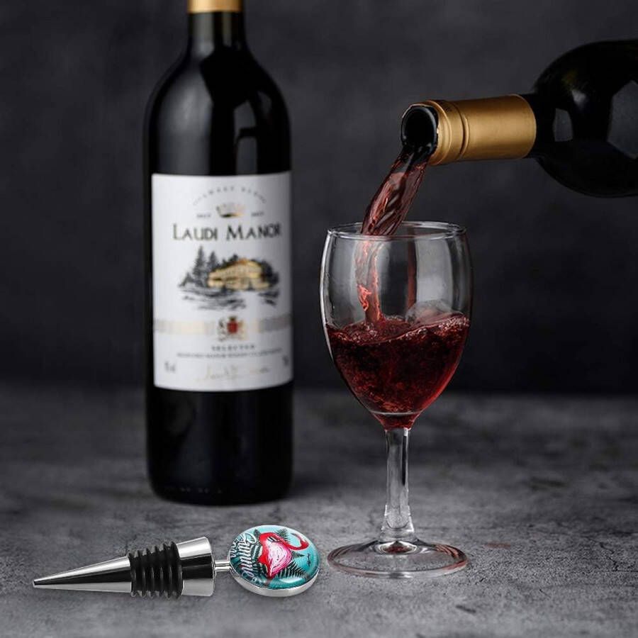 Flessendop wijndop met glas 3 stuks herbruikbare roestvrijstalen wijnstoppen voor geschenken bar vakantiefeest bruiloft (Flamingo)
