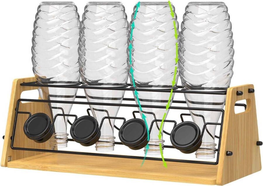 Flessenhouder voor Soda Stream afdruiprek flessen afdruiprek met bamboe afdruipmat en dekselhouder flessenstandaard afdruiphouder voor 4 SodaStream Crystal flessen