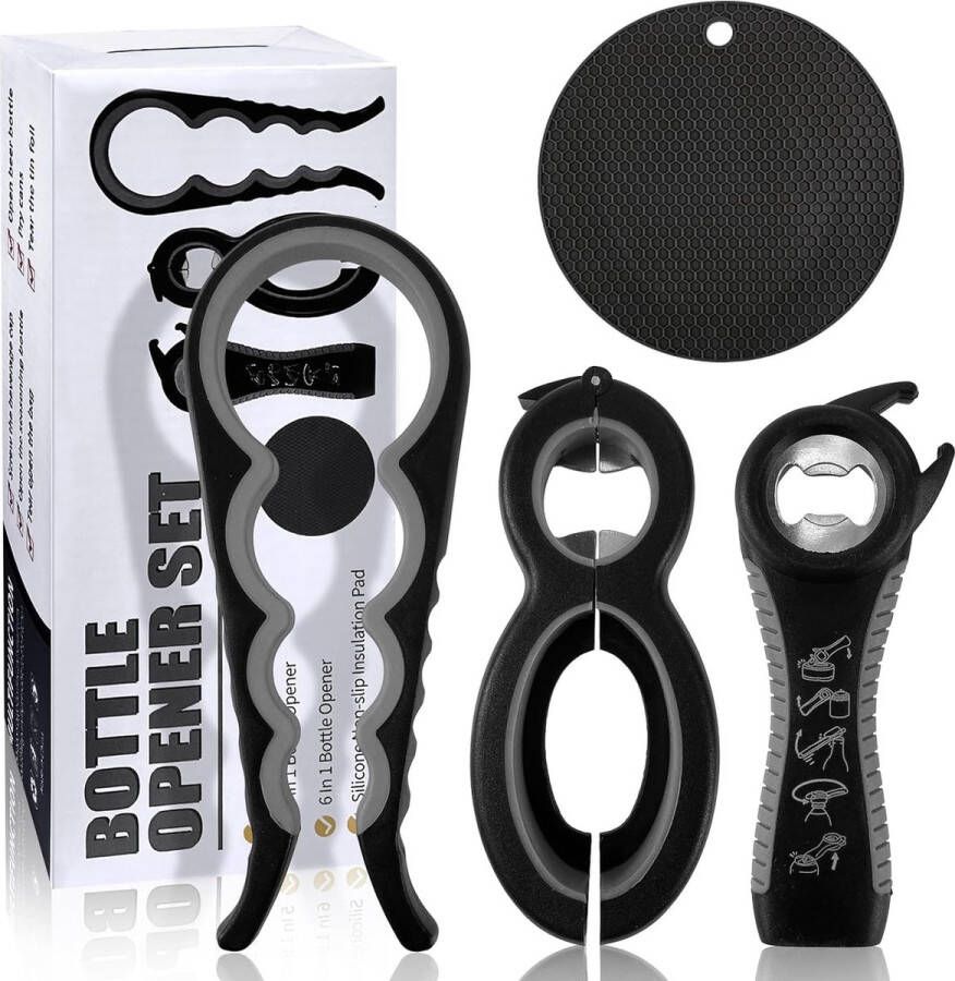 Flessenopener voor senioren 4 stuks 5-in-1 dekselopener voor schroefglazen 6-in-1 multifunctionele flesopener voor artritis-patiënten met zwakte in de hand zwart