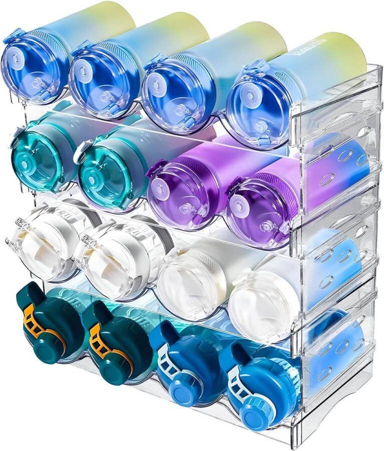 Flessenrek Stapelbaar 4 Ruimte voor 16 Containers Flessenorganizer Kast Flessenopslag Flessenhouder Flessenrek voor Kast Koelkast Keukenwerkblad (kunststof)
