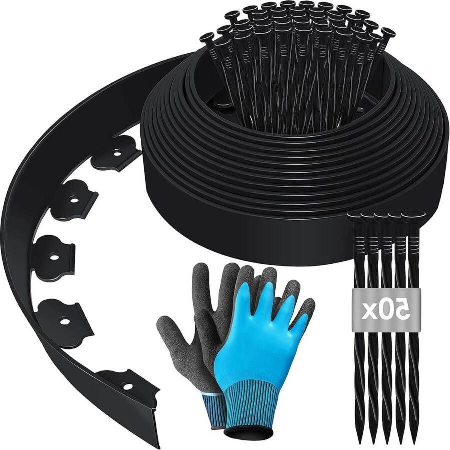 Flexibele kunststof gazonrand 10m x 10cm bloemperkomst gazonplaten palissade met bevestigingsnagels handschoenen