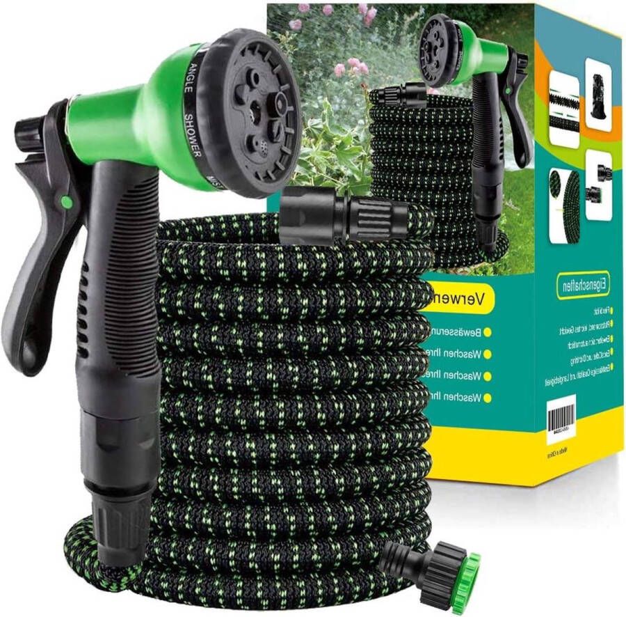 Flexibele tuinslang met 8 sproeiers Douche-adapter en hanger Kunststof irrigatie voor tuinieren en autowassen Groen 225 m