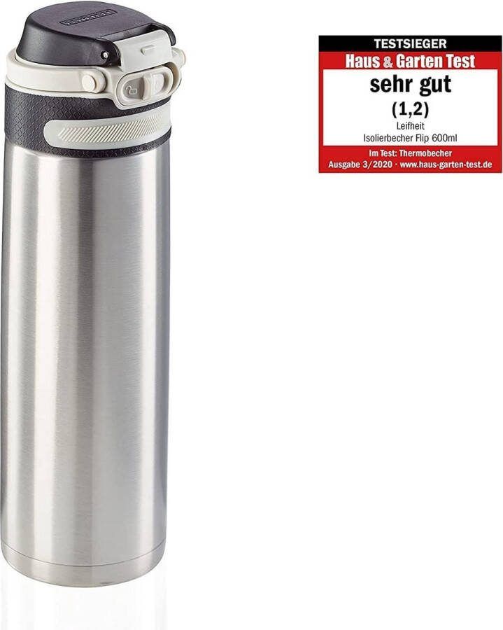 Flip Thermobeker 600 ml 100% lekvrij Praktisch met één hand te openen Drinkbeker voor onderweg Zilver Filter voor water en fruit Houdt dranken tot 6 uur warm