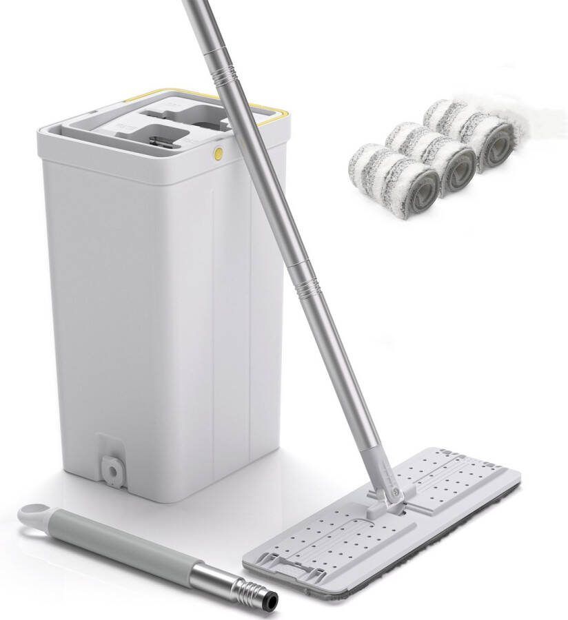 Floraweg Myiosus dweil set met emmer Dweilemmer Mopemmer vloermopset met 3 microvezel pads met 142 cm roestvrijstalen handgreep Met uitwringsysteem reinigingsemmer met dweil voor hardhouttegels laminaatmarmeren vloerreiniging