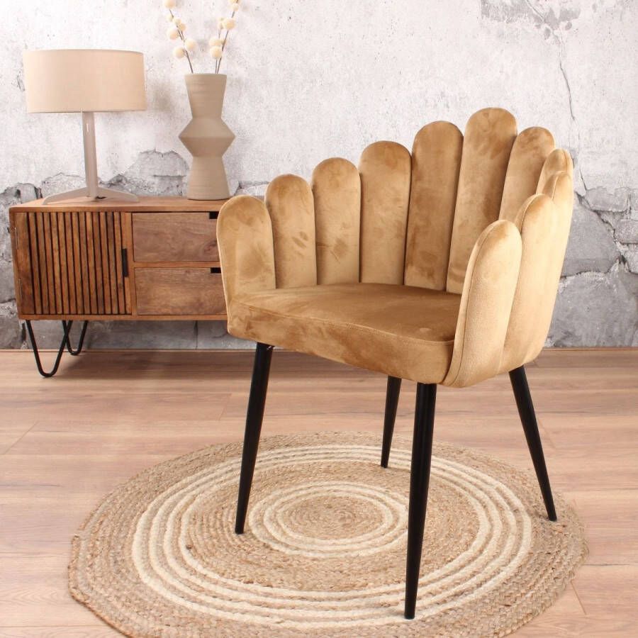 DS4U Flower Eetkamerstoel Velvet Goud Velours Armstoel Eetkamer Stoel Zwart Metalen Poten Design Zacht en Comfortabel Met Armleuning Kuipstoel Fluweel