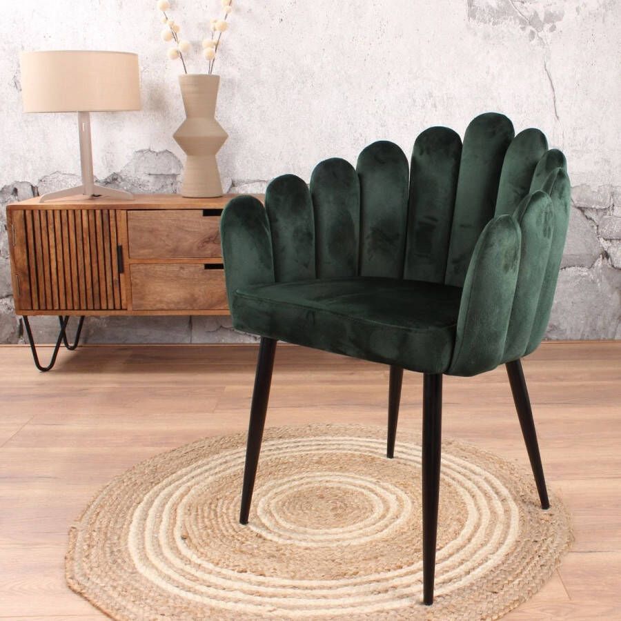 DS4U Flower Eetkamerstoel Velvet Groen Velours Armstoel Eetkamer Stoel Zwart Metalen Poten Design Zacht en Comfortabel Met Armleuning Kuipstoel Fluweel