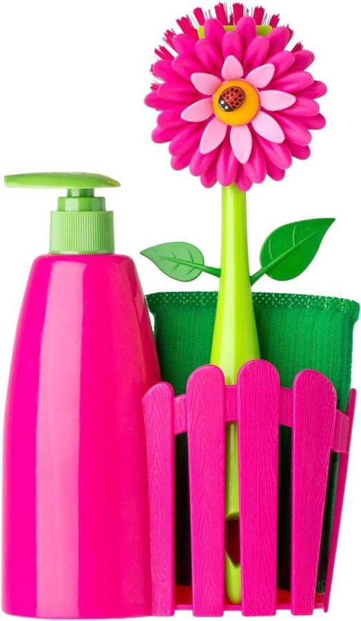 Flower Power spoelbakorganizer met zeepdispenser afwasborstel en potreiniger kunststof 14 x 7 x 26 5 6