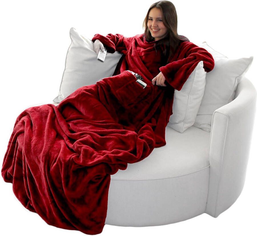 Fluffy tv-deken met mouwen in kasjmiergevoel voetenzak en 2 zakken knuffeldeken sprei 150 x 180 cm rood