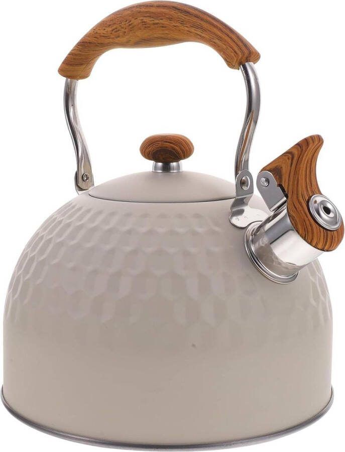 Fluitketel 2.5 l roestvrij staal waterketel-fluitketel theeketel-fluitketel met houten fluittoon handvat inductie gasfornuis voor keuken camping picknick beige