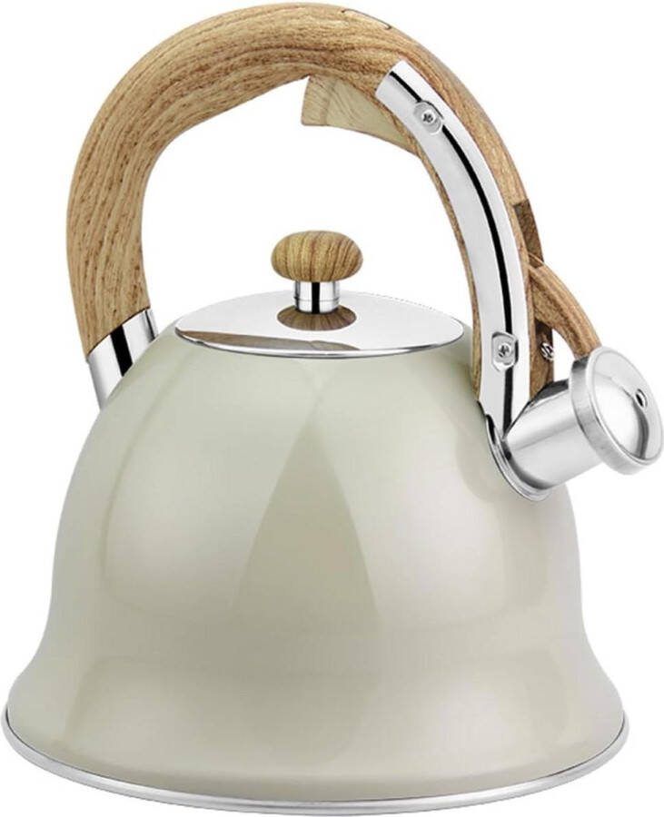 Fluitketel 3 0 liter Theeketel met houtlook handvat Waterketel inductie Roestvrij staal Inductiekookplaat gasfornuis elektrisch fornuis Beige