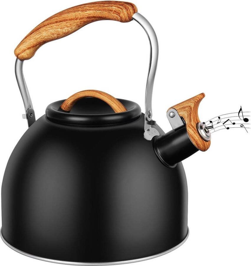 Fluitketel 3 l roestvrij stalen fluitketel met houten handvat geschikt voor alle kookplaten waterkoker voor thee & koffie