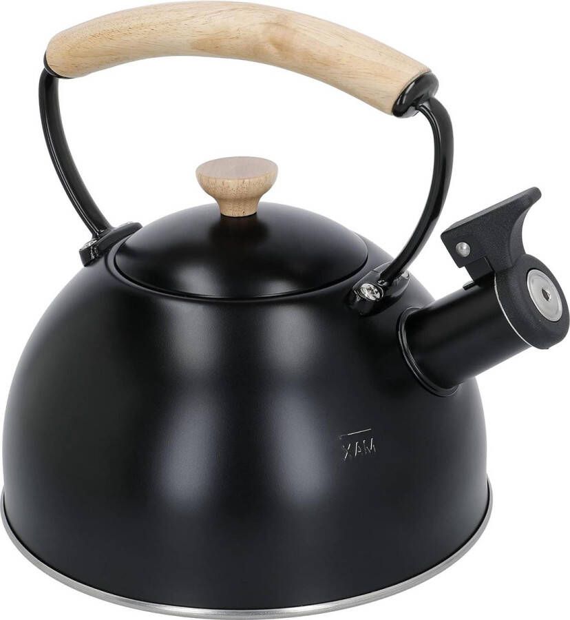 Fluitketel Theeketel 1.0.6 l Roestvrijstalen Frame Easy-Grip Anti-Scald Houten Handvat Inductie Kookplaatveilig Kokend Water Zwart