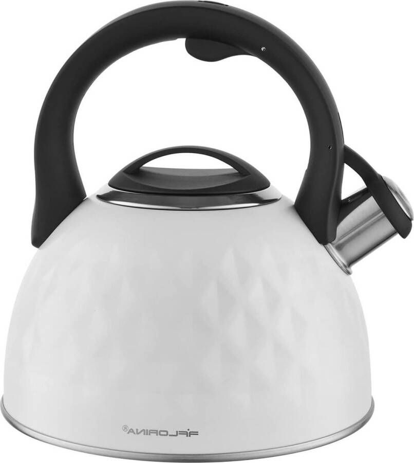 Fluitketel-Theeketel 2.5 l Roestvrijstalen DIAMANTE-Fluitketel-Siliconen Handvat-Inductiekookplaat Gasfornuis Elektrisch fornuis-Wit