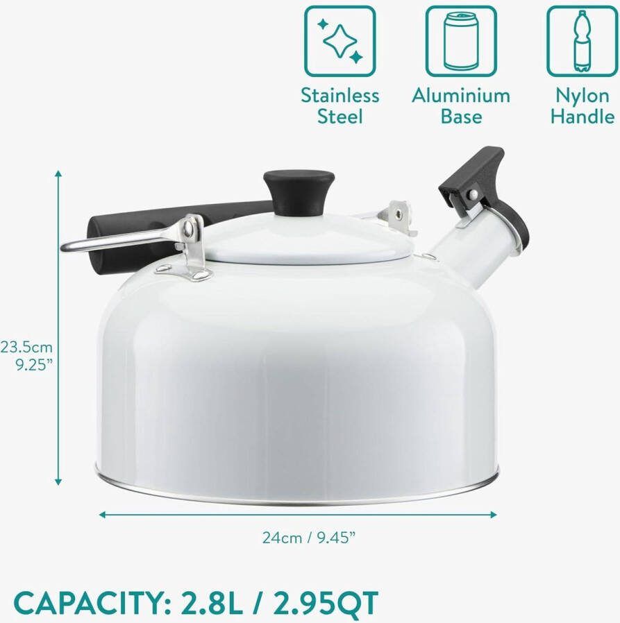 Fluitketel Theeketel 2.8 liter Handvat dat koel blijft Roestvrij staal en aluminium traditionele inductie en gas theepot Wit