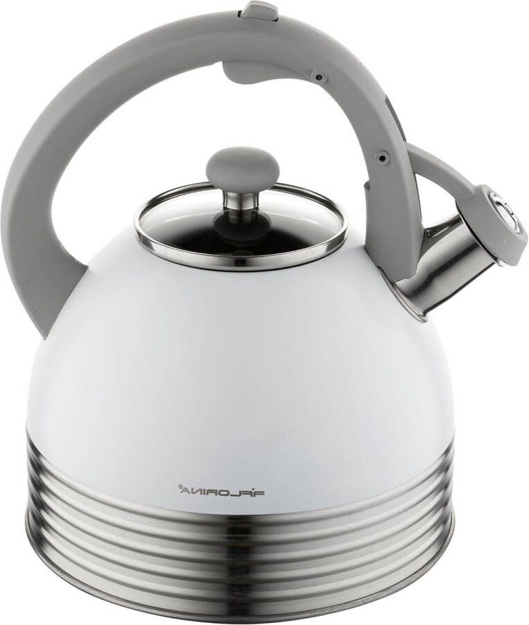 Fluitketel Theeketel 2.9 l Roestvrij Staal Soft-Touch Handvat Drukknop Fluitje Inductie Gas Elektrisch Kookplaat Wit