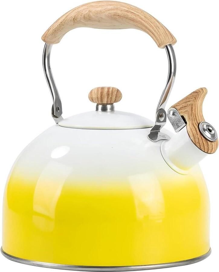 Fluitketel Theeketel Roestvrijstalen Inductie Theeketel Houtnerf Thee en Koffie 2 5 l Geel