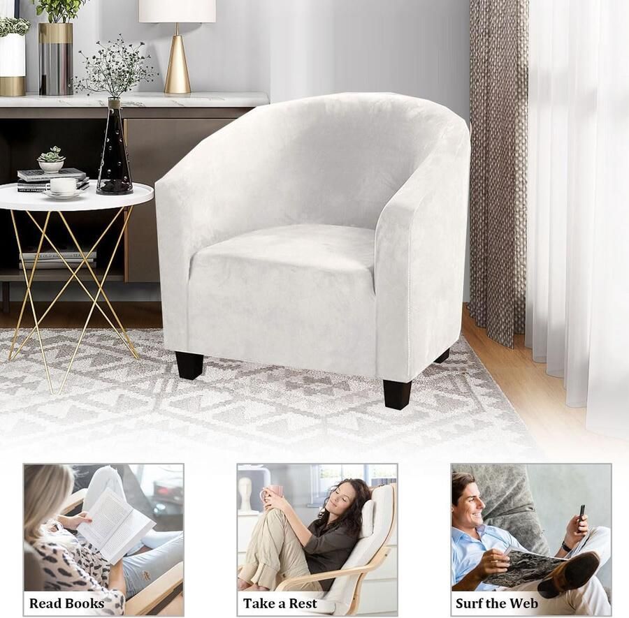 Fluwelen hoes voor kuipstoel hoge stretch clubstoelhoezen wasbare hoezen voor fauteuil bank slipcover meubelbeschermers voor eetkamer woonkamer kantoor (Tandwit fluweel)
