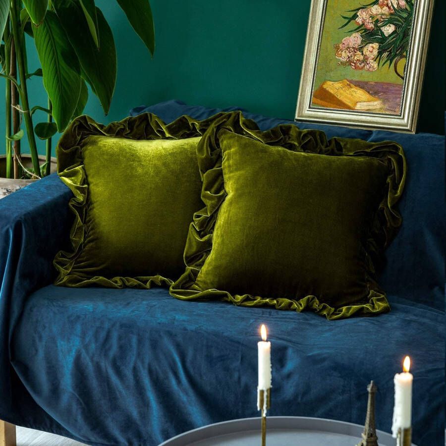 Fluwelen kussenhoes zacht decoratief luxueus stevig vierkant voor bank slaapkamer boerderij 45 x 45 cm olijfgroen