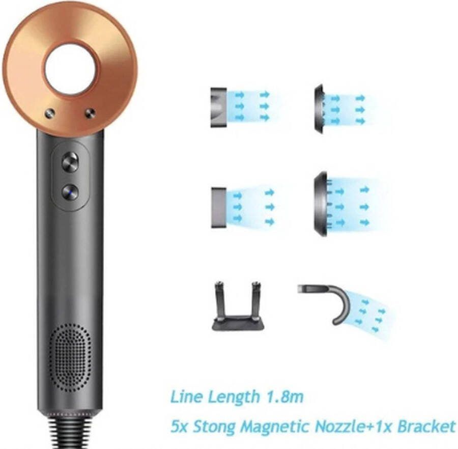 Föhn met Diffuser Ionische Haardroger Hair Dryer Professionele Haar Droger Rijk uitgerust Inclusief 6 accessoires 3 Standen Goud